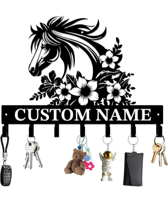 Personalized Custom Name Farm Horse Wall Key Hooks,Metal Horse Art Clothes Hooks,Metal Horse Wall Home Storage Decorative,For Front Door, Hallway, Kitchen, Bedroom,Keys,Hats (Style I)