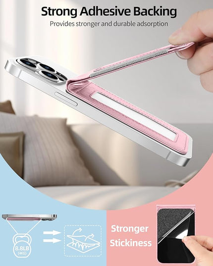 Phone Wallet Stick On, Upgraded Phone Wallet with Adjustable Stand, Open ID Window, 8-Card Holder, Stronger 3M Adhesive Credit Card Holder for Back of Phone Case, iPhone, Samsung and Android, Pink