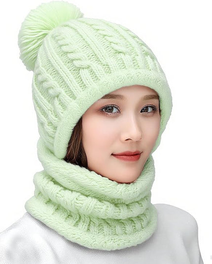 HUAMULAN Women Winter Beanie Hats One Piece Fleece Lined Knit Balaclavas Mask Set Skull Neck Circle Scarf Ski Snow Hat Pompom