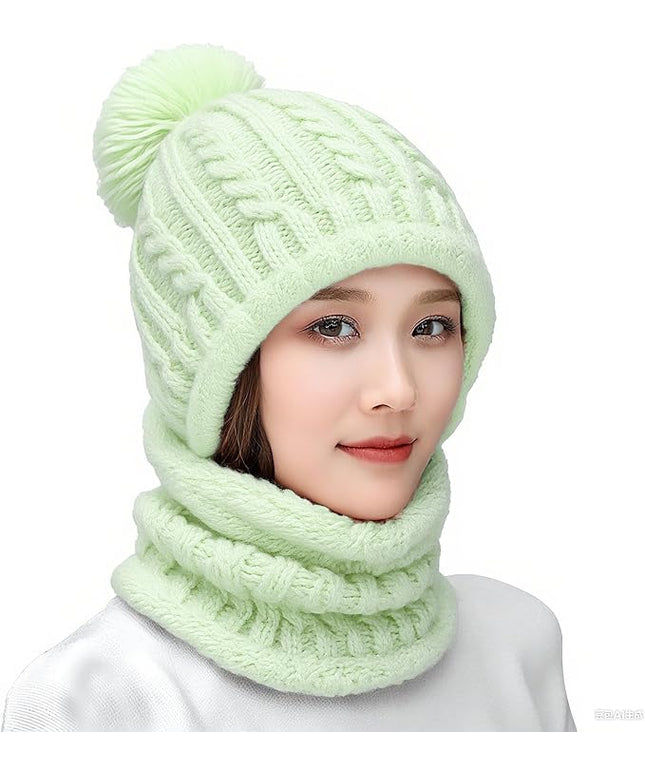 HUAMULAN Women Winter Beanie Hats One Piece Fleece Lined Knit Balaclavas Mask Set Skull Neck Circle Scarf Ski Snow Hat Pompom