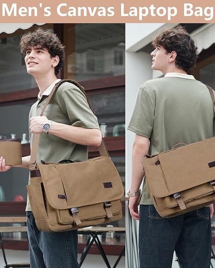 Nerlion Messenger Bag for Men 17-17.3 Inch Laptop Bag Canvas Water-resistant Computer Bag Shoulder Bag Work Briefcase Bookbag for College (Brown)