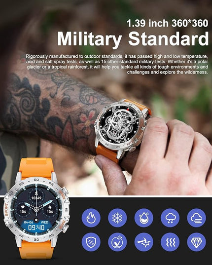 SUNKTA Military Smart Watch for Men(Answer/Dial Calls),100 Sports Modes, 5ATM Waterproof,1.39''HD Touchscreen Fitness Watch,with Heart Rate/SpO2 for Android/iOS Smart Watch Orange