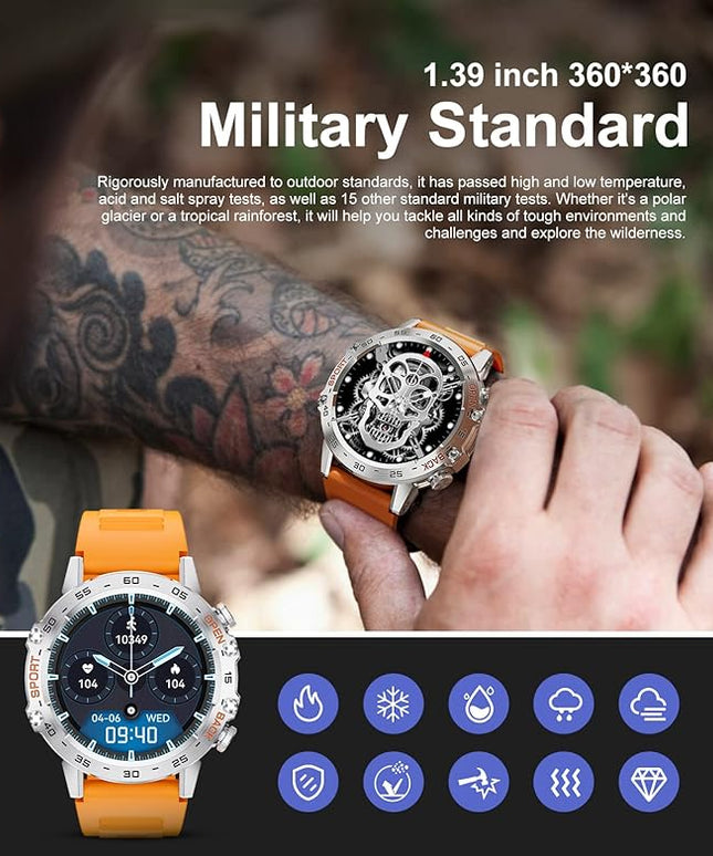 SUNKTA Military Smart Watch for Men(Answer/Dial Calls),100 Sports Modes, 5ATM Waterproof,1.39''HD Touchscreen Fitness Watch,with Heart Rate/SpO2 for Android/iOS Smart Watch Orange