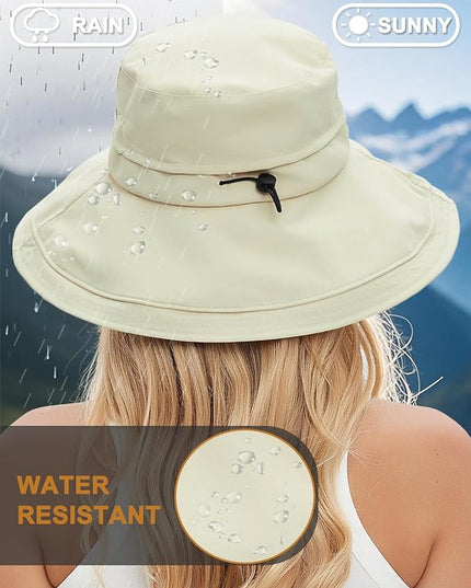 Sun Hats for Women, Wide Brim Waterproof Bucket Hat, Summer Beach Packable Ponytail Hat,UPF 50+ UV Protection