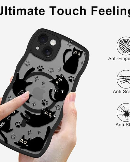 Cute Case for iPhone 15 Case [Compatible with MagSafe] with Kawaii Black Cats Cat Print Pattern Design for Women Girls, Soft Wavy Edge Anti-Slip Animal Magnetic Protective Phone Cover