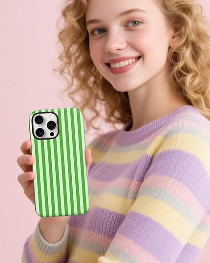 Magnetic for iPhone 16 Case Cute Stripes Phone Case, Shockproof Slim TPU and Hard PC Protective Phone Cover Compatible with MagSafe Designed for Women Girls, Deep Green
