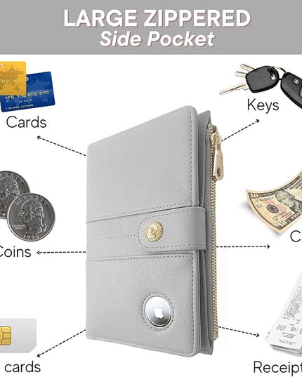 elzama Passport Holder with Airtag Slot for Travel Women, RFID Passport Wallet with Airtag Holder, Zipper Pocket Card Slots Pen Holder & Airtags Keychain (Air tag Not Included) Light Grey
