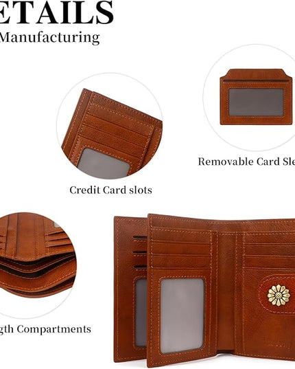 Blucoay Wallet Women,RFID Blocking Leather Womens Wallet Bifold Compact Card Holder Small Wallet for Women with Removable ID Window Brown