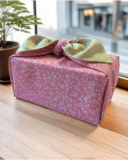 Furoshiki Japanese Wrapping Cloth - Large 27.6 Inch Reversible Eco Gift Wrap, Reusable Bento Bag Christmas Birthday, Cherry Blossom Design (Leaf Green & Pink)