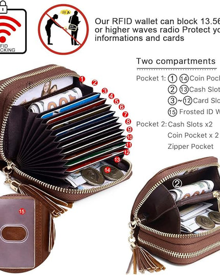 APHISON RFID Credit Card Holder Zipper Card Case Keychain Small Wallet for Women 1942-2 COFFEE