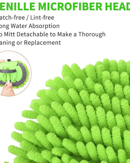 62'' Car Wash Brush with Long Handle Chenille Microfiber Car Wash Mop Mitt Kit Scratch-Free Car Cleaning Brush Care Kits with Replacement Head Supplies for Cars RV Truck Boat