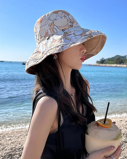 HUAMULAN Women Summer Sun Hat Wide Brim Wired Edge Floral Beach Bucket Hats Reversible Foldable Travel UV Protection Lady Hat