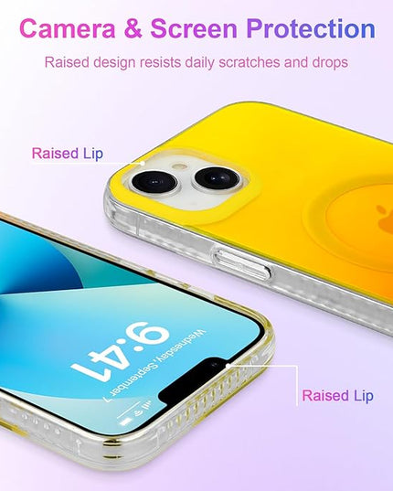 Aesthetic Case for iPhone 13 & 14 Case for Women Girls, Compatible with Magsafe, Cute Girly Trendy Glitter Sparkly Rainbow Magnetic Protective Phone Cover, Matte Iridescent Yellow & Orange