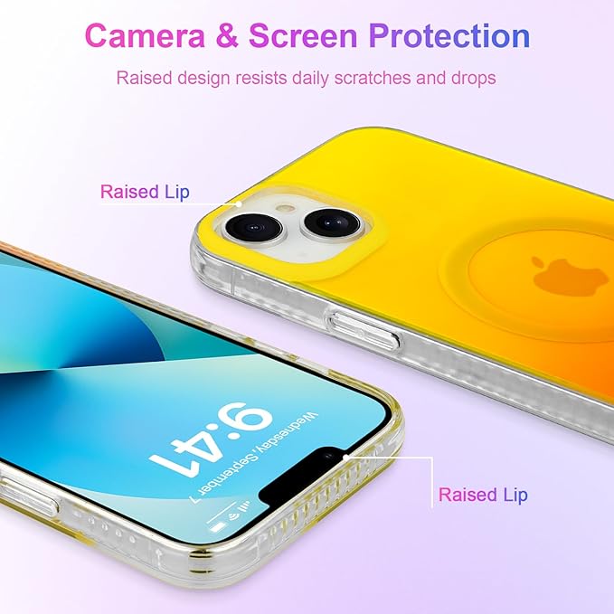 Aesthetic Case for iPhone 13 & 14 Case for Women Girls, Compatible with Magsafe, Cute Girly Trendy Glitter Sparkly Rainbow Magnetic Protective Phone Cover, Matte Iridescent Yellow & Orange