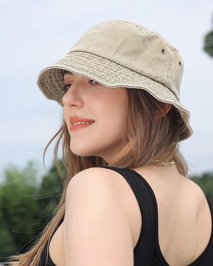 kozinu Washed Cotton Bucket Hats Packable Summer Outdoor Cap Travel Beach Sun Hat Plain Colors for Men Women