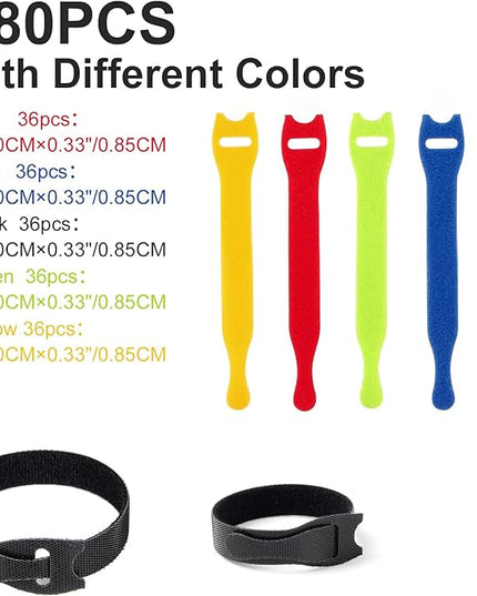 OneLeaf 180PCS Valuable Wire Organizer 4Inch Reusable Cable Ties with Hook and Loop, Colorful Fastening Cord Ties Wire Management for Home, Office, Data Centers, and Electronics, 5 colors