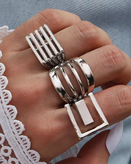 KISS WIFE Cool Rings Set for Women, Vintage Silver Punk Rings Bulk, Gothic Chunky Knuckle Emo Stackable Finger Ring Pack Western Jewelry Gift for Her