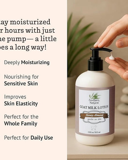 Southern Natural Goat Milk Lotion – Nourishing Face, Body & Hand Moisturizer for Dry & Sensitive Skin - Hydrating Cream, Gentle Skincare for Soft & Smooth Feel - Honey Almond Scent - 12oz