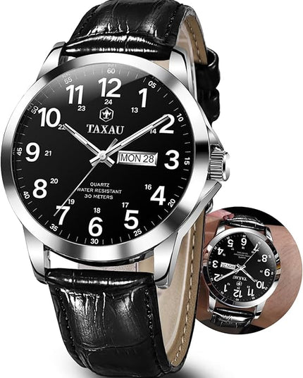 Men's Watches Leather Band Stainless Steel Quartz Analog Watch Luxury Waterproof Watches for Men Dress Men's Wrist Watch with Day Date Arabic Numeral Relojes para Hombre