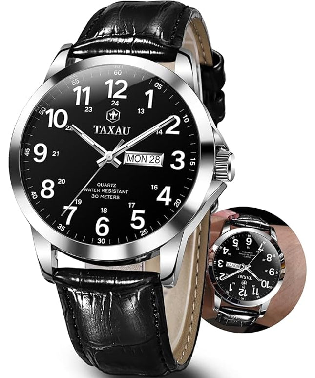 Men's Watches Leather Band Stainless Steel Quartz Analog Watch Luxury Waterproof Watches for Men Dress Men's Wrist Watch with Day Date Arabic Numeral Relojes para Hombre