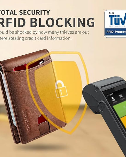 RUNBOX Slim Wallet for Men Genuine Leather RFID Blocking Bifold Minimalist Front Pocket Mens Wallet with Money Clip Thin Gift Box