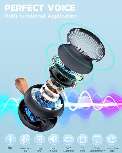 Bluetooth Speaker, IPX7 Waterproof Small Shower Speaker Wireless Bluetooth with Loud Sound, Support TF Care/Built-in Mic- for Carabiner, Beach, Camping, Hiking, Pool, Great Gift