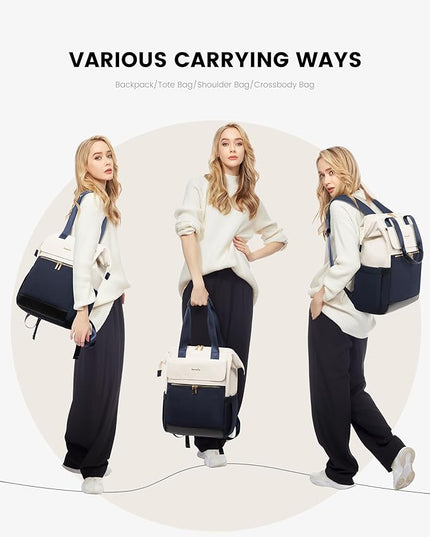 LOVEVOOK Laptop Backpack for Women, 15.6 Inch Work Laptop Bag with USB Port, Fashion Teacher Nurse Backpack Purse, Waterproof Travel Computer Backpack with Organizer Bag, 2PCS, Beige-Blue