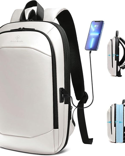 hk Business Backpack for Men 17 Inch,Slim & Expandable Waterproof Travel Laptop Backpack with USB Charger Port (White)