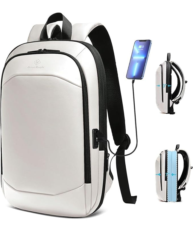 hk Business Backpack for Men 17 Inch,Slim & Expandable Waterproof Travel Laptop Backpack with USB Charger Port (White)
