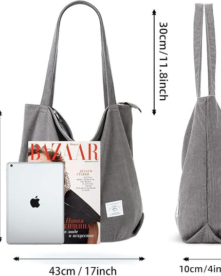 KALIDI Women Corduroy Tote Bag Zipper Casual Tote's Handbag Big Capacity Shoulder Bag with Pockets