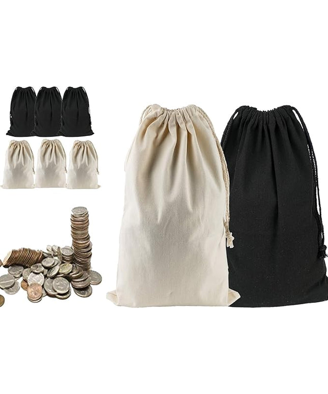 Lanyani 6 Packs Bank Coin Money Cash Bag Sacks, 12" x 17" Canvas Deposit Change Transit Bags with Drawstring, Heavy Duty, Black+Natural