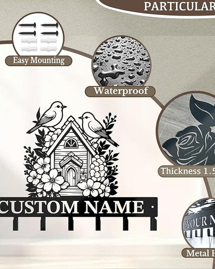 peanut case Customized Keys Holder - Personalized Birds Flower Key Hooks Wall Metal Sign Decor,Wall Holder, Garden,Door Hook (Style A)
