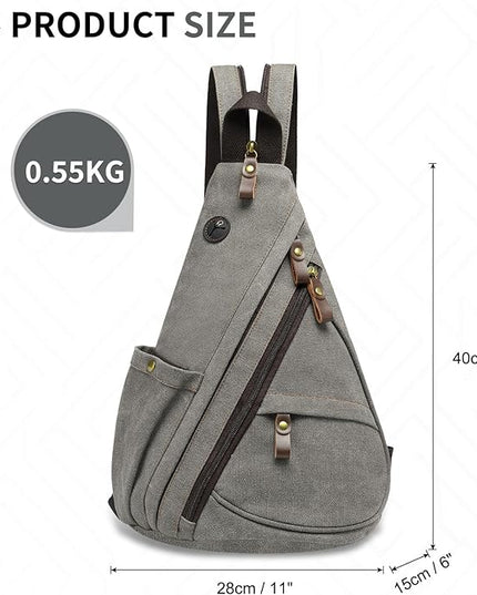 Vintage Canvas Sling Bag with Genuine Leather Zipper, 3 in 1 Crossbody, Backpack, and Chest Bag, for Travel, Hiking, 16x10x6 Inches, Gray