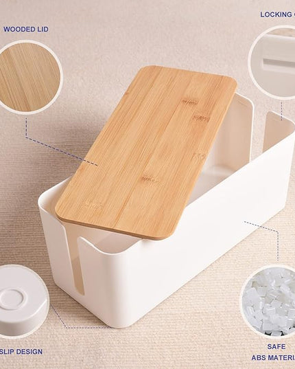 Cable Management Box - Wooden Style Cord Organizer Box to Hide Wires & Power Strips | Desk Computer Cable Organizer Box | Safe ABS Material | 12.6" (L) x 5.3" (W) 4.9" (H) | for Home & Office - White