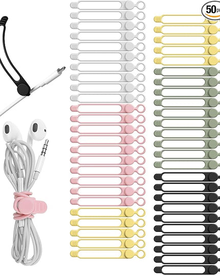 Nearockle 50Pcs Silicone Cable Ties Cord Organizer for Bundling Earphone, Phone Charger, Computer Cords, Reusable Cable Ties Wire Organizer in Home,Office,Kitchen,School (5 Colors)