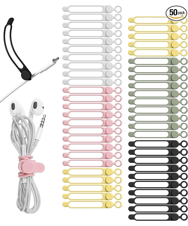 Nearockle 50Pcs Silicone Cable Ties Cord Organizer for Bundling Earphone, Phone Charger, Computer Cords, Reusable Cable Ties Wire Organizer in Home,Office,Kitchen,School (5 Colors)