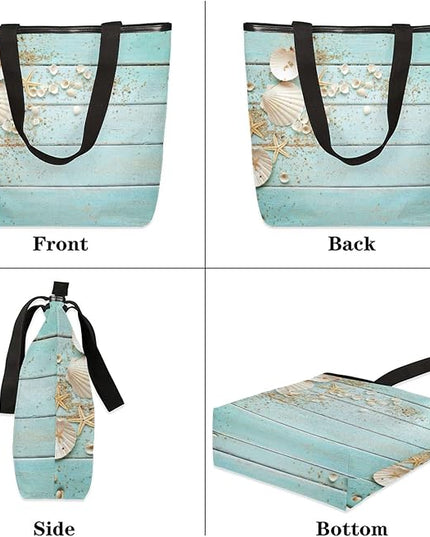 Pardick Blue Wooden Seashell Canvas Tote Bag, Womens Shoulder Bag Handbag with Zipper Book Tote Reusable Grocery Shopping Bags Beach Bag