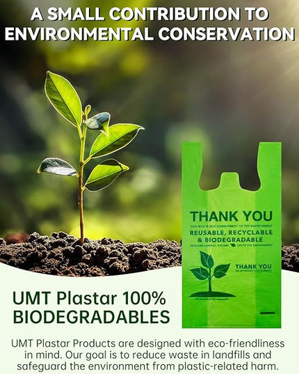 500 Count Recyclable Compostable 100% Biodegradable T-Shirt Bags, Eco-Friendly Grocery Shopping Bags, 11.5" x 6.25" x 21", 16 Mic