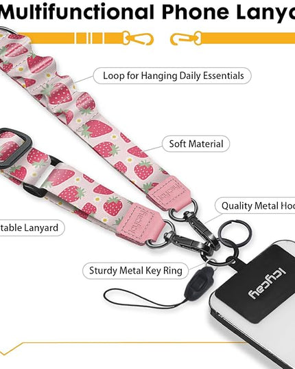 Phone Lanyard Crossbody, Cute Strawberry Cell Phone Strap for Around The Neck Adjustable, Anti Theft Lanyard for iPhone Case ID Holder Keys Accessories Travel Essential