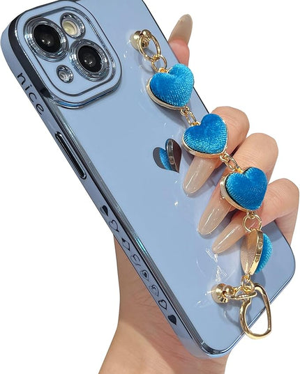Caseative for iPhone 14 Case,Cute Plating Love Heart Wrist Strap Chain Bracelet Soft Compatible with iPhone Case for Women Girls (Blue,iPhone 14)