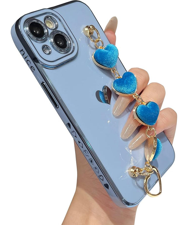 Caseative for iPhone 14 Case,Cute Plating Love Heart Wrist Strap Chain Bracelet Soft Compatible with iPhone Case for Women Girls (Blue,iPhone 14)