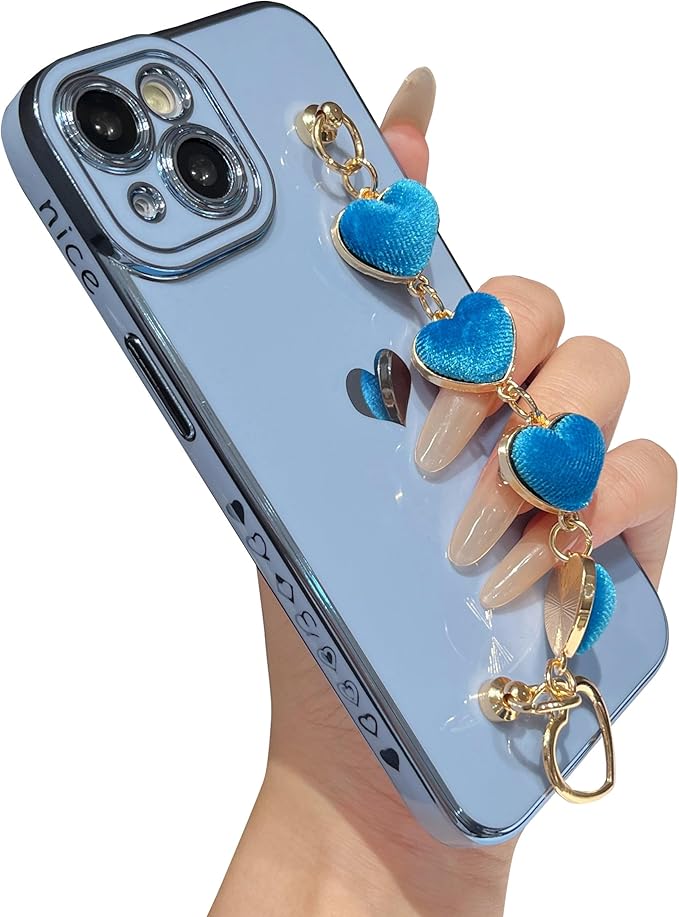 Caseative for iPhone 14 Case,Cute Plating Love Heart Wrist Strap Chain Bracelet Soft Compatible with iPhone Case for Women Girls (Blue,iPhone 14)