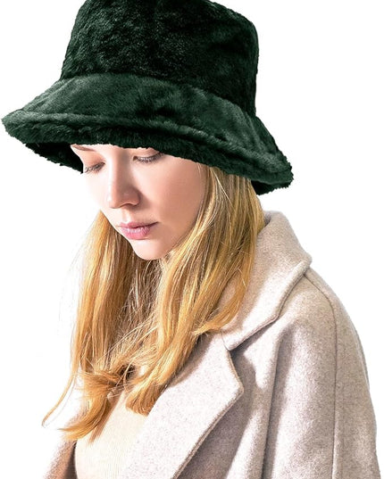 Women Plush Fluffy Bucket Hat Warm Lining Winter Faux Fur Cozy Wide Brim Winter