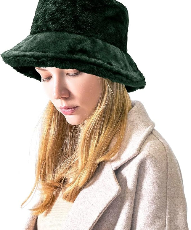 Women Plush Fluffy Bucket Hat Warm Lining Winter Faux Fur Cozy Wide Brim Winter