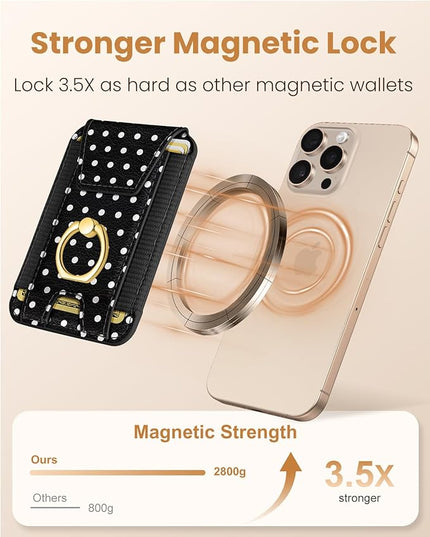 Shorogyt Compatible with Magsafe Wallet with Ring Grip Magnetic Card Holder - Cute Phone Wallets with Stand for iPhone 17/16/15/14/13/12 Series for Women Girls Polka Dot Design, Fit 7 Cards