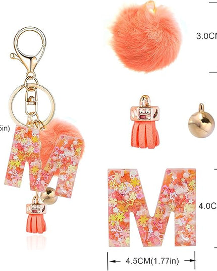 Resin Alphabet Initial Letter Keychain Keyring for Women Purse Handbags With Fur Ball Pom