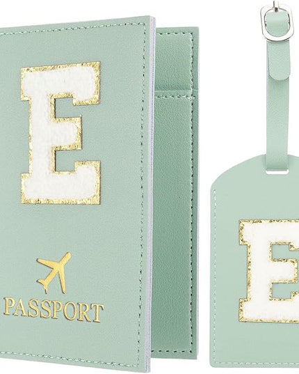 PATIKIL Passport Holder for Travel, Initial Passport Cover and Luggage Tag Set with Alphabet Chenille Letter Patch Travel Wallet Bag Suitcase Identifier for Women Family Travel Green E