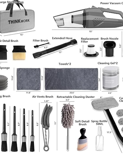 THINKWORK Car Cleaning Kit, Car Detailing Kit Interior Cleaner with High Power Handheld Vacuum, 10Pcs Detailing Brush and Storage Bag, Gray Auto Interior Cleaning Kit for Men