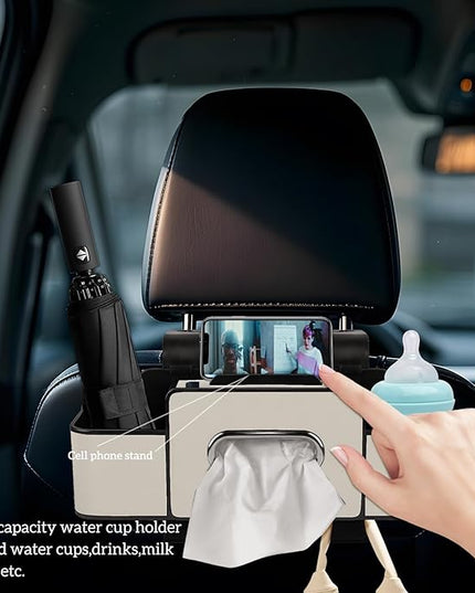 Car Back Seat Organizer with Tissue, Car Seat Back Tissue Box and Storage Hook, Multifunctional Car Organizer for Hold Phone,Drinks,Handbag,Compatible with Most Vehicles (Beige)