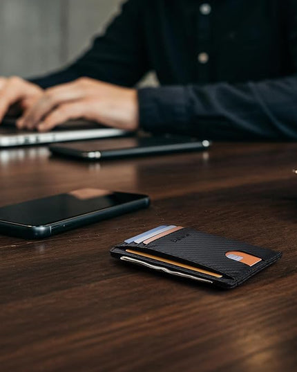 Buffway Slim Minimalist Front Pocket RFID Blocking Leather Wallets for Men and Women - Carbon Fiber Black